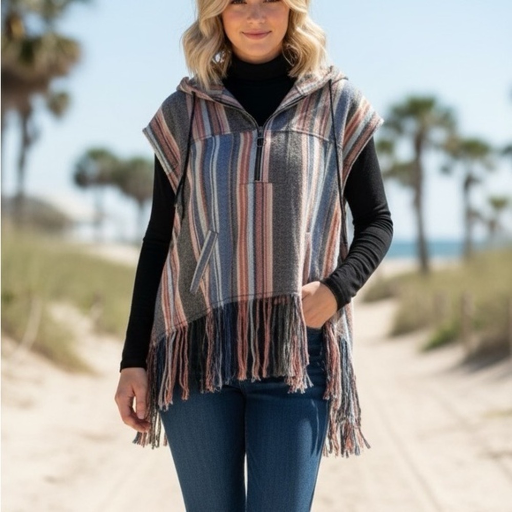 3/25$ (Mix)GUESS Fringed Boho Striped Zip  Front Hooded Jacket S